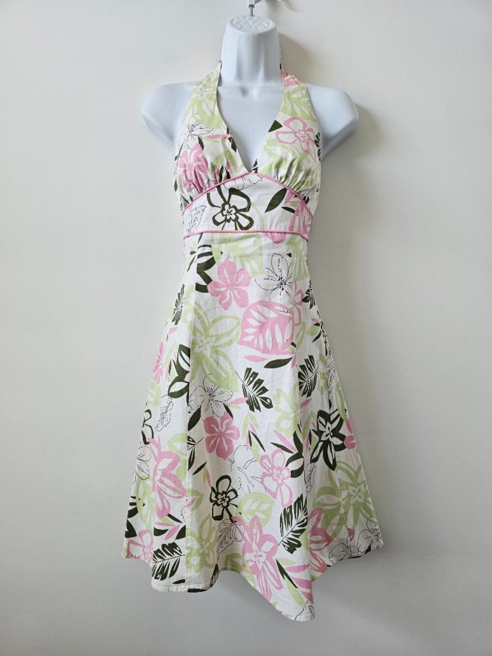 RUBY ROX White Pink Green Leaf Print Cotton Stretch Halter A Line Dress Size 3